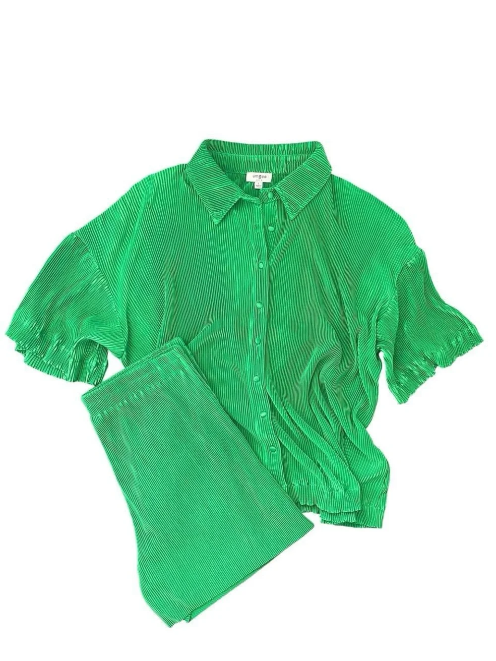 UMGEE Pleated Plissé Two-Piece Short Set- Green Size:Large